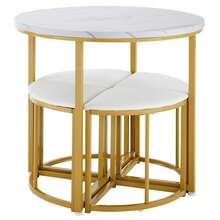 Dining Set Containing Four Chairs With MDF Tabletop And Gold Iron Frame. Velvet Seat, White, Grey. - White - View 5