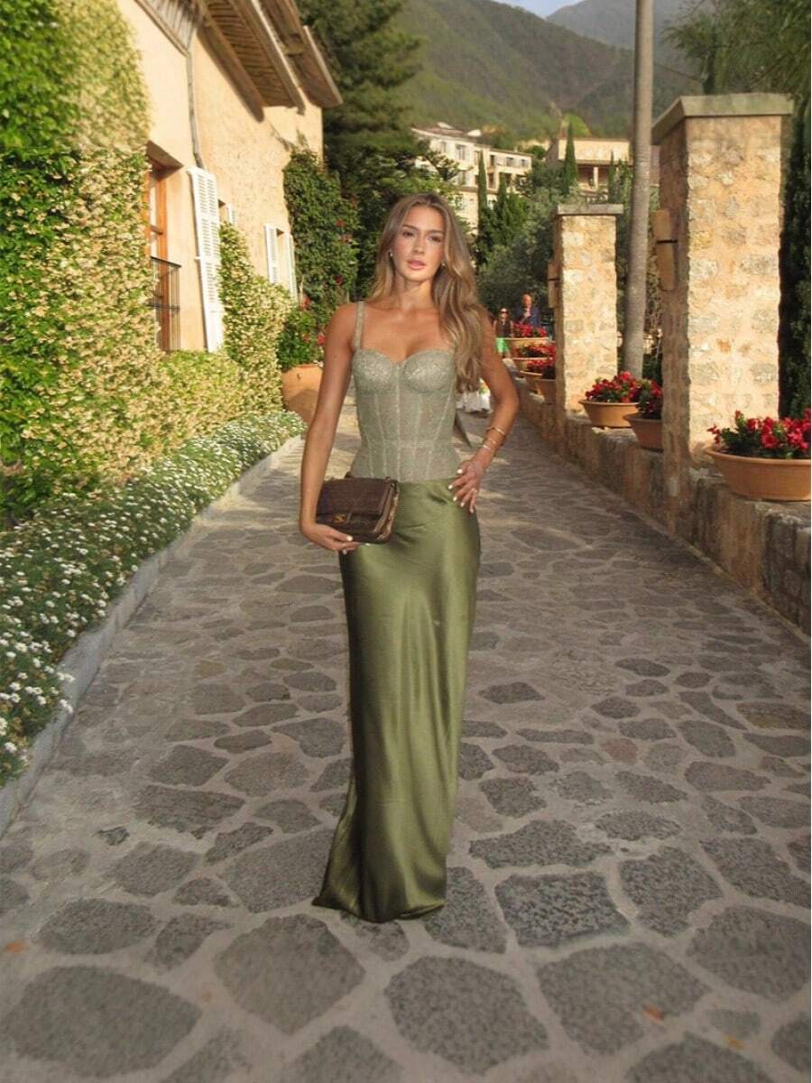 Lace Patchwork Camisole With Waist Tie For Women, Bodycon Skirt, Summer New American Style Versatile Top And Skirt - Bộ áo hai dây và chân váy ren - Màu xanh lá cây - Xem 1