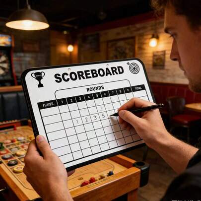 一套双面可擦写记分板，配有挂绳、白板笔和笔夹，可重复使用，便携式悬挂式记分器，适用于飞镖、投掷沙包、台球、乒乓球、棋牌游戏和投掷游戏，轻巧便携，是家庭、露营、后院、野餐、学校、俱乐部、体育比赛、锦标赛和室内外活动的理想之选，易于书写和擦拭，方便快速记录分数。