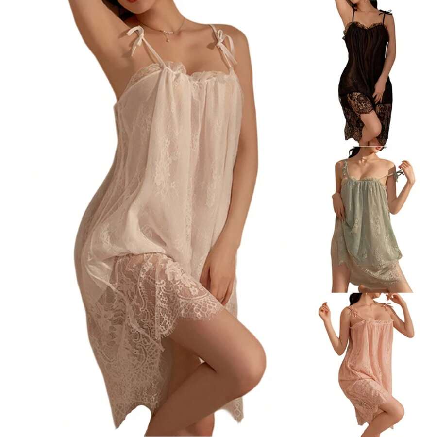 Ladies' Sleeping Skirt Lace Underwear Strap Sleeping Pants Loose Home Sleeping Skirt Fashion Solid Color Soothing Nightwear - 粉色 - 查看 1