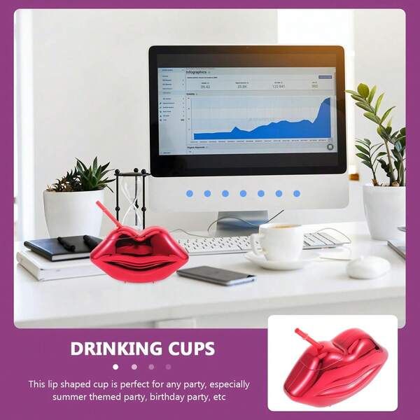 1970s Retro Disco Cup With Cute Red Lips Straw, Cocktail Glass, Plastic Party Cup For Valentine's Day, Birthday, Tropical Luau, Hawaiian Party