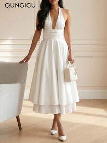 QUNGIGU Đầm midi cổ yếm cho nữ, cổ chữ V sâu, lưng hở, dáng chữ A, chân váy xòe hai lớp, trang phục thanh lịch mùa hè dự tiệc cocktail, đám cưới. - trắng - Xem 4