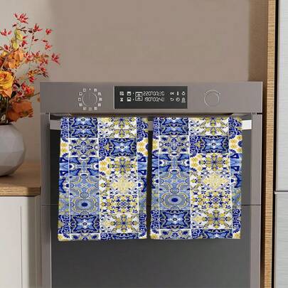 2/4/48 piezas Toallas de cocina con estampado de azulejos florales azules y amarillos de estilo retro - Súper suaves, altamente absorbentes de poliéster, toallas de platos y manos ideales para decoración navideña, regalos de Año Nuevo, decoración de cocina, decoraciones de fiesta