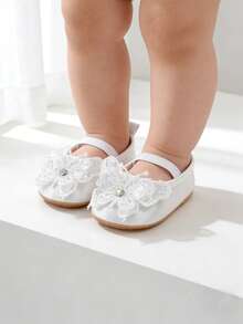 婴儿女童婚鞋蝴蝶结芭蕾舞公主玛丽珍平底鞋幼儿学步鞋新生儿婴儿床洗礼鞋 - 白色 - 查看 10