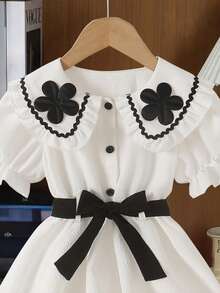 Girls' Vintage Fashion Short Puff Sleeve Ruffled Collar Floral Decor Front Button Waist Tie Casual Dress, Spring/Summer - White - View 6