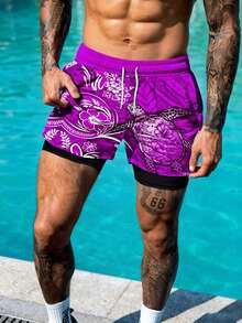男士海洋生物印花抽绳腰双层沙滩短裤 - 彩色 - 查看 1
