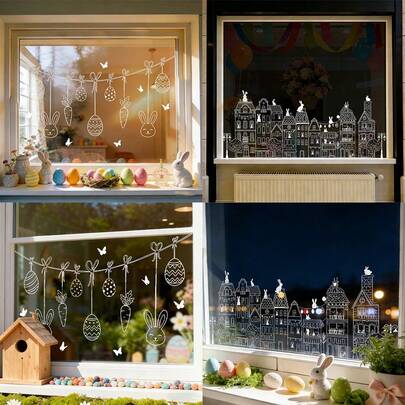 1/2pcs Easter White Silhouette Static Cling Window Stickers, Double-Sided Printed Rabbit, Hanging Eggs, Small Town Pattern, Reusable, No Glue, Spring Holiday Party Glass Door Window Decals
