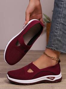 Sapatos Casuais Confortáveis e Respiráveis para Caminhada Plus Size Feminino, Design Minimalista de Biqueira Redonda e Slip-On, Adequado para Uso Diário, Doméstico, Externo, Caminhada, Escritório - Vermelho - Visão 2