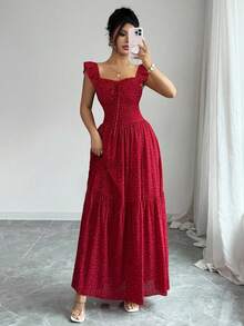 Women's French Elegant Casual Vacation Dress - Square Neck Ruffled Sleeve Polka Dot Pleated Flowy Skirt With Back Tie - 紅色 - 查看 6