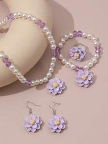 5pcs/Set Girls Flower Beaded Faux Pearl Necklace 1pc Bracelet 1pc Ring 1pair Earrings Jewelry Set - Mauve Purple - View 5