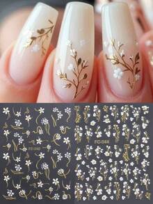 春夏白色雏菊美甲贴纸，法式风格，白色花瓣，金色线条，闪粉自粘塑料美甲贴花，半哑光，一次性使用，不规则形状，适用于玻璃表面装饰美甲用品 - 彩色 - 查看 2