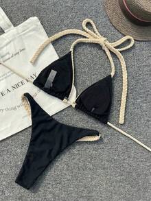 Black & Apricot Woven Rope Tie Two Pieces Bikini Set, Sexy Elegant Women's Summer Casual Beach Vacation Pool Party Fashion Swimsuit - Black - View 2