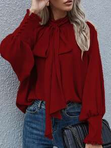 Áo kiểu nữ cỡ lớn thanh lịch, thường ngày/công sở, màu trơn, tay phồng, vạt bồng, dáng rộng, mùa xuân - Đỏ - Xem 1