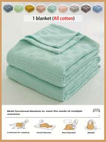 1条100%纯棉针织毯 - 超薄透气格子设计 | 四季皆宜 | 可机洗 | 夏季及夜间出汗时的理想之选 | 现代柔软质感毯子，现代家居装饰，简约易护理面料 - 孔雀藍 - 查看 2