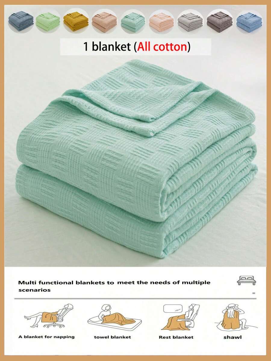 1条100%纯棉针织毯 - 超薄透气格子设计 | 四季皆宜 | 可机洗 | 夏季及夜间出汗时的理想之选 | 现代柔软质感毯子，现代家居装饰，简约易护理面料