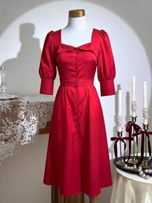 红色编织中长连衣裙 – 方领、泡泡袖、纽扣前襟、交叉露背设计、收腰A字裙摆 – 轻盈透气面料，完美适用于约会之夜、鸡尾酒会和复古主题活动 – 魅力四射、优雅迷人、永不过时 - 紅色 - 查看 10