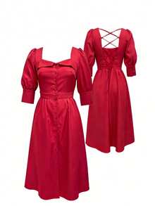 红色编织中长连衣裙 – 方领、泡泡袖、纽扣前襟、交叉露背设计、收腰A字裙摆 – 轻盈透气面料，完美适用于约会之夜、鸡尾酒会和复古主题活动 – 魅力四射、优雅迷人、永不过时 - 紅色 - 查看 12