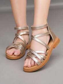 1双女童时尚新款高帮平底凉鞋，软底防滑儿童罗马凉鞋，复古风格女童休闲沙滩鞋，适合夏季穿着 - 金色 - 查看 5