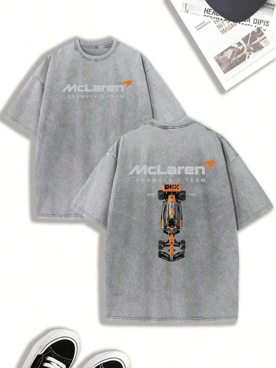 2026 Summer ClothesMen's Casual Racing F1 Team T-Shirt | Unique Racing Print Design | Comfortable And Soft Pure Cotton Fabric | Washable | Suitable For Everyday Wear, Door Activities, Sports, Holidays And PartiesLoose And Comfortablesummer Tops - Xám - Xem 1