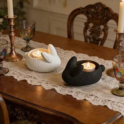 2pcs Elegant Rabbit Candlestick Ornament Abstract Art Style Desktop Dining Room Decoration Create Romantic Warm Atmosphere Holiday Gift