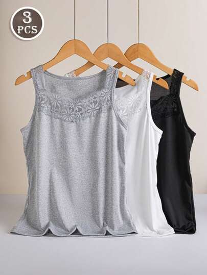 LRNG XMNG EA 3件套纯色休闲性感百搭吊带背心，蕾丝拼接，女士春夏针织吊带背心，适合打造时尚夏日造型