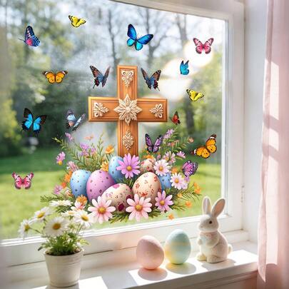 1/4pcs Easter Electrostatic Adsorption Window Cling. Removable And Waterproof PVC. Decorated With Floral Crosses And Easter Egg Patterns. Suitable For Bedroom And Home Decor.