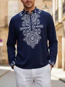 男士长袖V领衬衫，传统中东印花设计，四季皆宜 - 寶藍色 - 查看 1