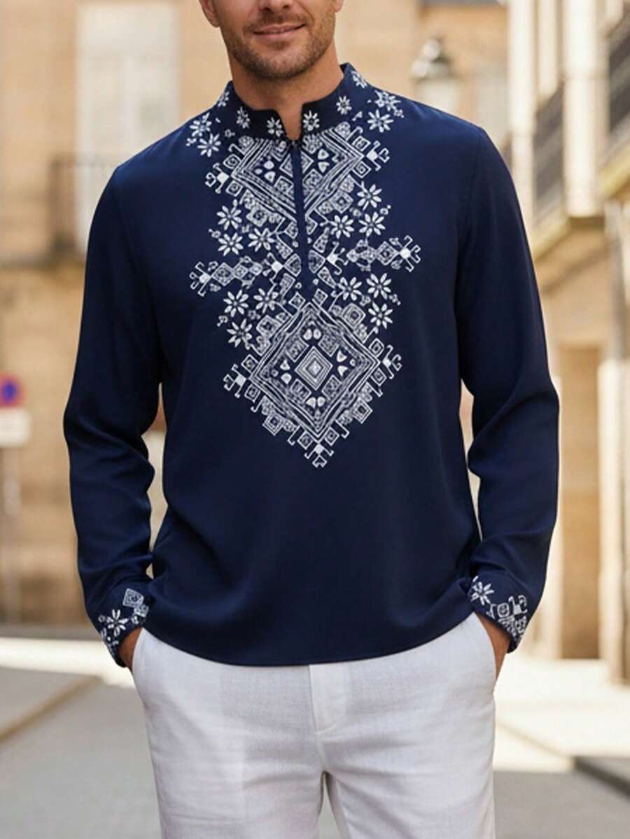 男士长袖V领衬衫，传统中东印花设计，四季皆宜 - 寶藍色 - 查看 1