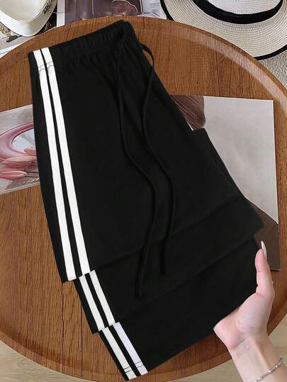 大码女式休闲白色织带撞色阔腿宽松裤