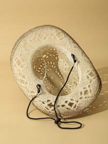 1pc Unisex Turquoise Decor Dyeing Printed Ridge Hollow Out Wide Brim Boho Hand Woven Travel Shade Breathable Adjustable Chin Strap Cowgirl Hat Windproof Rope Casual Travel Shade Handmade Beach Hat Cowboy Hat Sun Hat Straw Hat - Beige - View 6