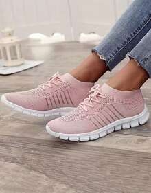 Women's Pastel Knit Sneakers - Breathable Comfort Shoes For Daily Wear  Pink Knit Sneakers - Comfort Casual Shoes For Women Comfortable Pastel Knit Sneakers - Shoes For Outings & Commute   Everyday Pink Knit Sneakers - Breathable Comfort Casual Shoes Plus Size Pastel Knit Sneakers - Comfort Casual Shoes - 粉色 - 查看 3