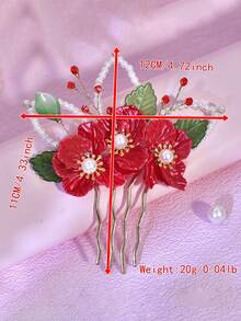 1 Stück rote Blumen Haarkamm mit eleganter Perlen-Kristall-Dekoration, feenhafter Seitenhaarschmuck geeignet für Braut, Hochzeit, Festival, Party, täglichen Lässig-Anlass, Date-Gelegenheiten für Frauen, Haarkamm, Haarschmuck - Rot - Übersicht 7