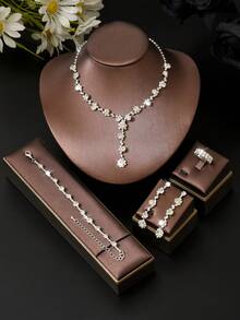 4pcs/5pcs/Set Elegant Crystal Rhinestone Jewelry Set - Earrings And Necklaces, Bracelets, Rings - Suitable For Women's Daily Wear, Weddings, Parties, Etc. - Silver ZT8925 - View 5