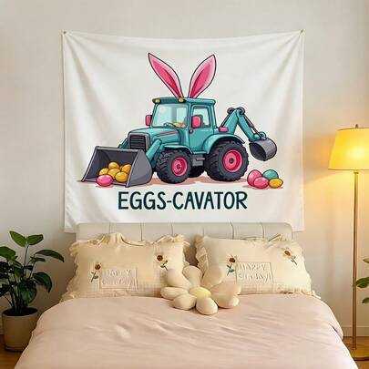 1pc,Background Wall Tapestries, Decorative Fabric With Rabbit Ears And A Tractor Digging And Transporting Eggs-Cartoon-Style Holiday-Themed Patterns Are Suitable For Holiday Parties, Birthday Parties, And Photo Backdrops.