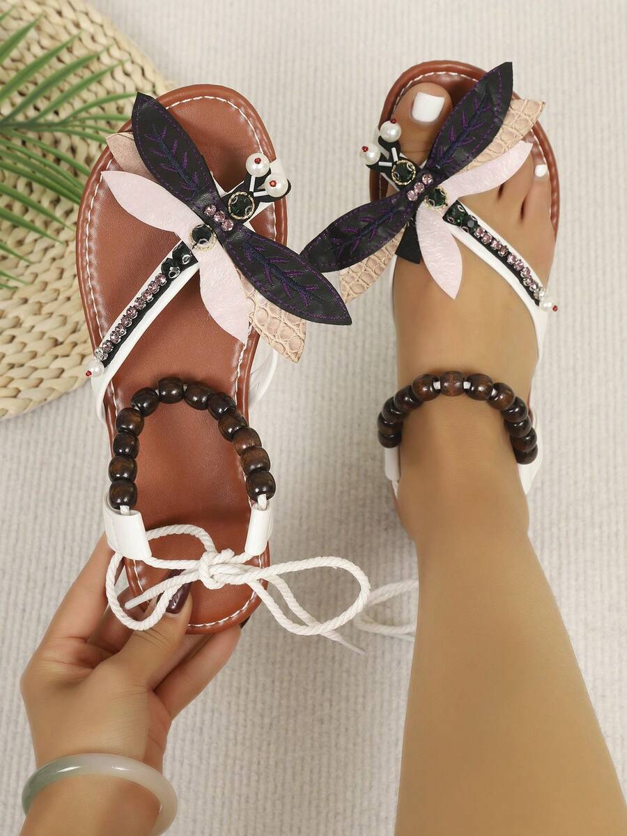 1 Pair Fashionable Sparkling Rhinestone Dragonfly Decor Beaded Thong Sandals - Chocolate Brown - View 1