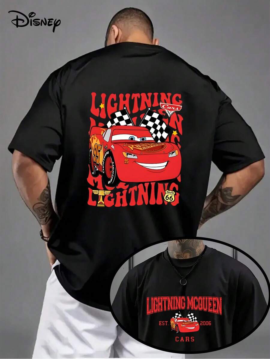 Authorized By Disney, Men's Lightning McQueen 1977 Plaid Flag T-Shirt With Double-Sided Printing, Breathable Summer Red Racing Design Loose Casual Black Top, Adult Models, Fan Products, Movie-Inspired Clothing, Durable. - Black - View 1