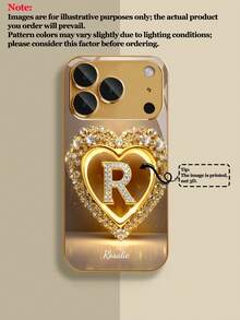 1pc Customizable 26 Letters & Name Design With Gold Rhinestone Heart Pattern Electroplated Tempered Glass Phone Case, Compatible With Iphone 17 Pro Max/17 Air/16/15/13/12/11/XS Max/6 7 8 Plus, High-End Business Custom, Built-In Lens Protector, Holiday Gift, Birthday Gift, Couples, Pets, Friends, Classmates, Siblings, Family, Fashionable High-Definition Protective Cover - Gold - View 4