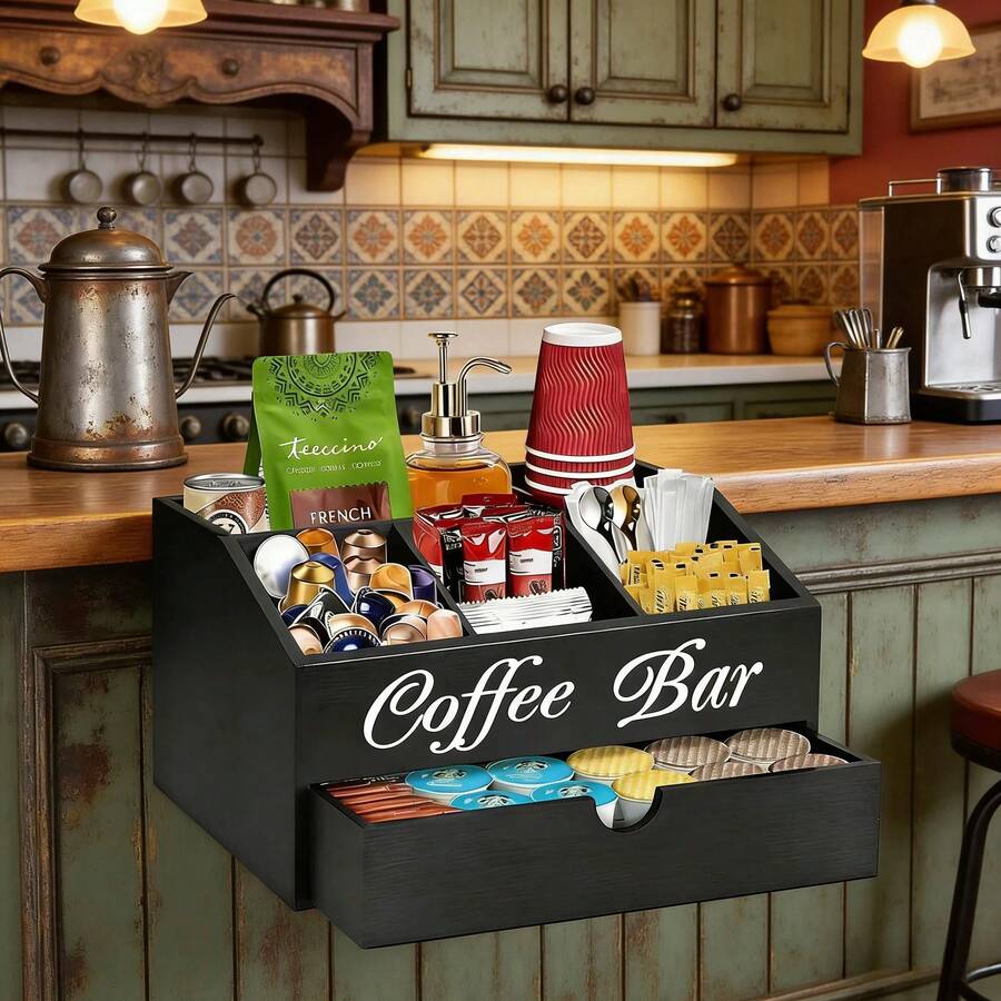 1 chiếc kệ đựng đồ pha cà phê bằng gỗ mộc mạc, giá đựng viên cà phê để bàn, hộp đựng phụ kiện cà phê và trà để bàn, hộp đựng phụ kiện cà phê kiểu nhà nông, trang trí quầy bar, sắp xếp nhà cửa, trang trí phòng học.