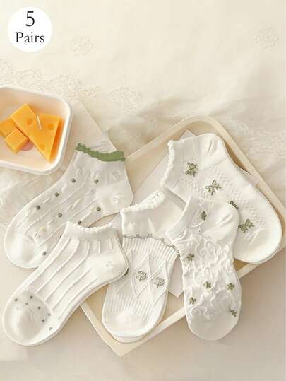 5 perechi de șosete pentru femei, cu dantelă, subțiri, respirabile, moi, confortabile, cu gură superficială, pentru primăvară/vară