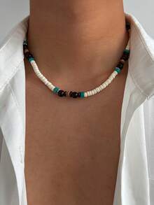 1件复古圆形木珠不对称CCB椰壳米珠吊坠项链，哥特朋克风，休闲简约风，街头风，摇滚派对风，男女皆宜的个性化百搭时尚项链礼物 - 項鍊 - 查看 9