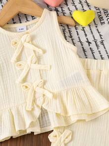 2pcs Baby Girls' Cute Solid Apricot Cardigan Vest + Pants Set, Minimalist - Apricot - View 4