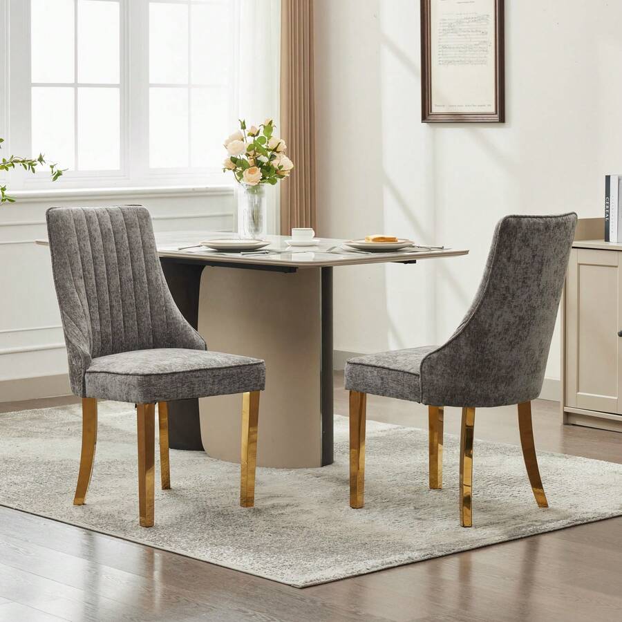 Dining Chairs 2, Comfortable Lace Fabric, Upholstered Chair With Gold-Plated Stainless Steel Legs, Multicoloured Optional. - Grey - View 1