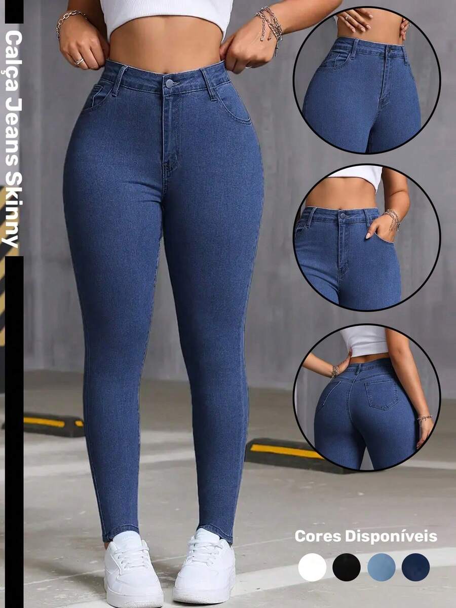 Women's Skinny Jeans, Fitted Style, High Waist, Butt-Lifting, Slim Fit, Casual And Sophisticated Look, Dark Blue - 深色水洗藍 - 查看 1