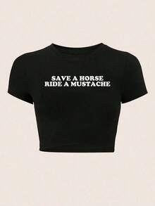 Y2K-Style Women's Cropped Top. Black Short Sleeve White Text "SAVE A HORSE RIDE A MUSTACHE" Pattern Short T-Shirt - 黑色 - 查看 6