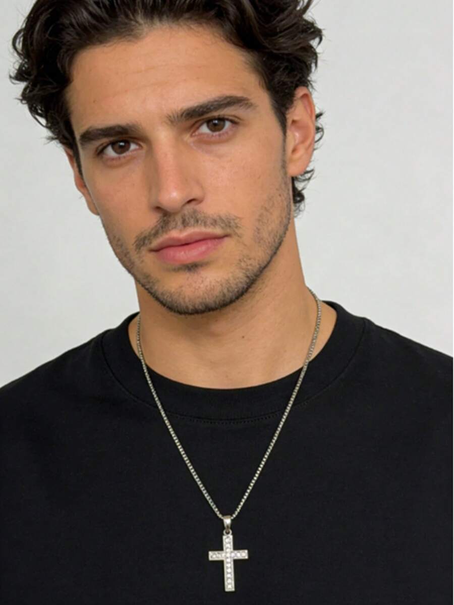Hip Hop Men's Classic Rhinestone Cross Pendant Necklace - Cross - View 1