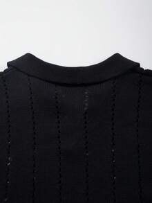 Polo col chemise à demi-patte de boutonnage, motif d'arbre de noix de coco, décontracté pour les vacances et les trajets, blocs de couleurs, mode, confortable, léger, manches courtes, tricot, noir, printemps/été - Noir - Voir 11