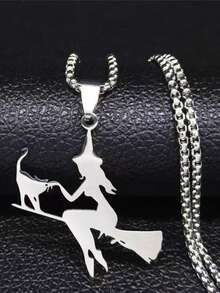 男士哥特朋克风女巫猫扫帚不锈钢吊坠项链 - 銀色 - 查看 1