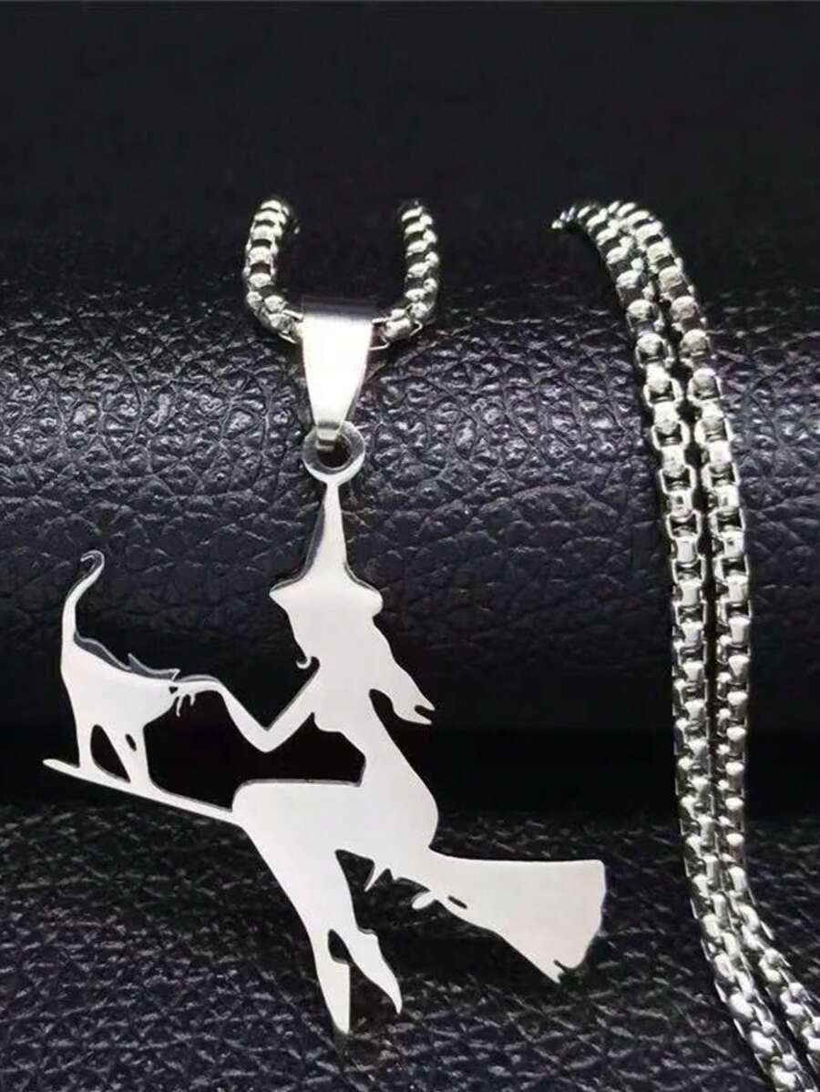 男士哥特朋克风女巫猫扫帚不锈钢吊坠项链 - 銀色 - 查看 1