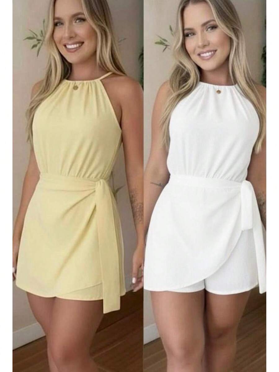 Women's Summer Fashion Jumpsuit Set - Duna - 兩件式 - 白色和黃色連身衣 - 查看 1