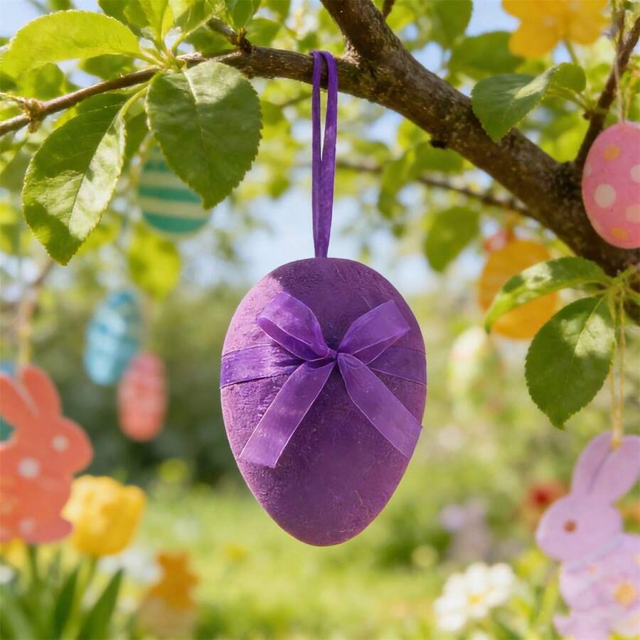 Easter Tree Ornaments Bow Flocking Egg Bunny Party Hanging Decorations For Tree, Wall - Purple - View 1